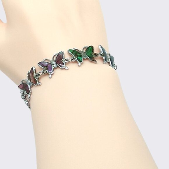 Vintage Abalone Butterfly Inlay Motif Silver-tone Delicate Link Bracelet - Picture 11 of 16
